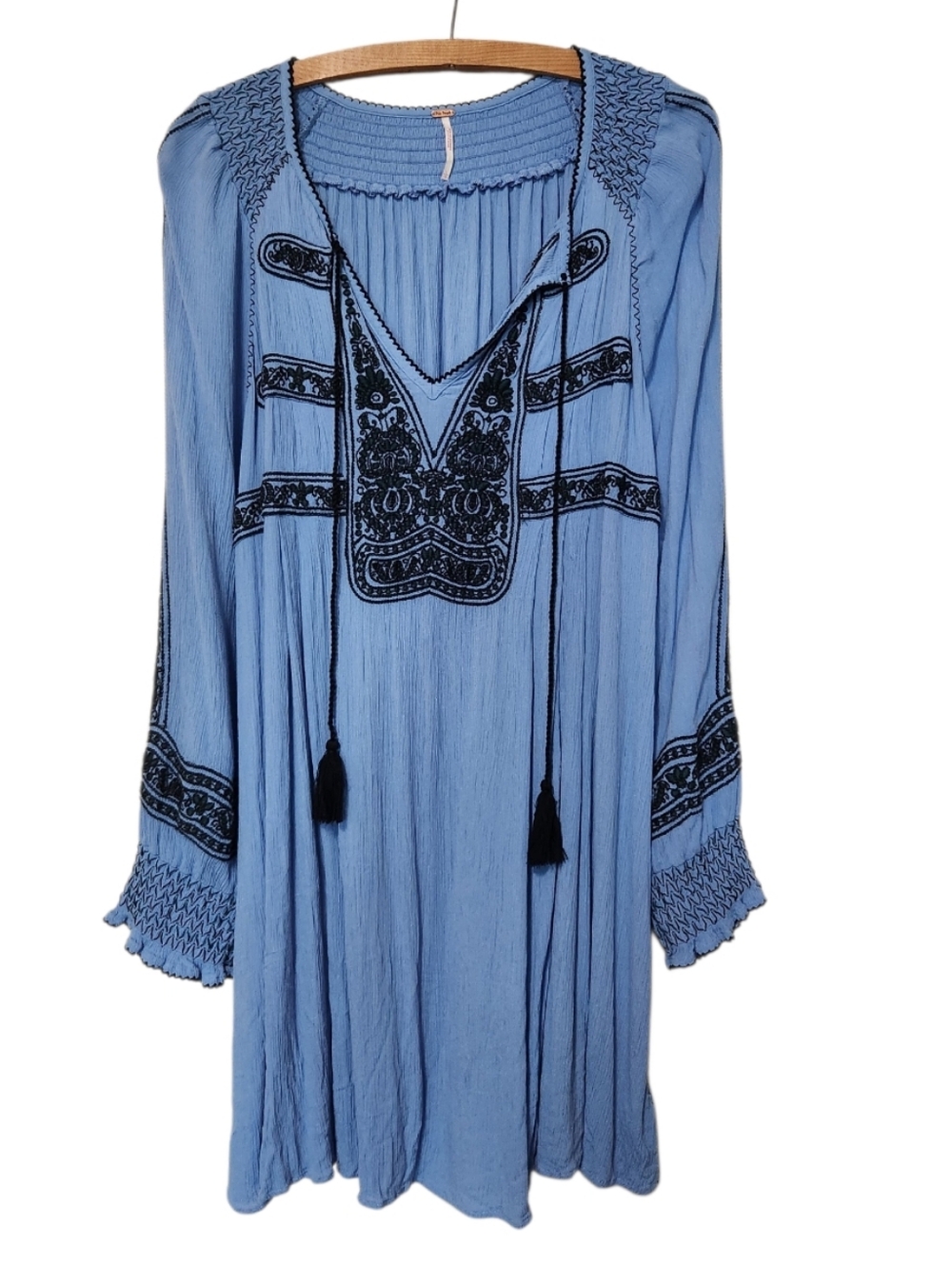 Free People Wind Willow Embroidered Blue Mini Peasant Dress Large